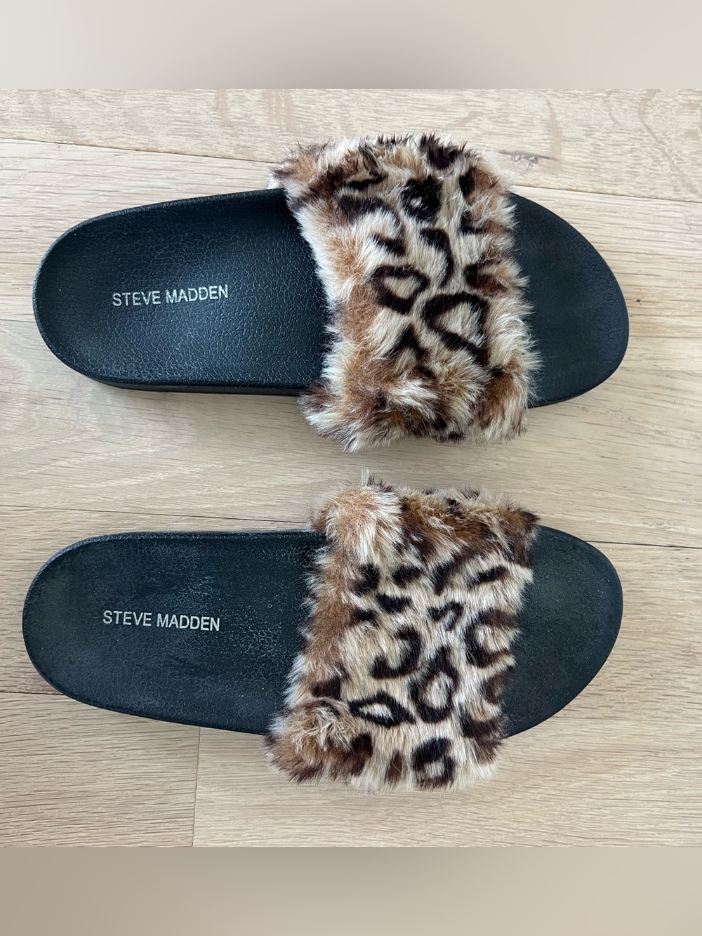 Steve Madden Leopard Print Faux Fur Slide Sandals - Black & Brown